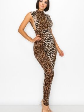 Leopard Print Sleeveless Jumpsuit - Brown Animal Print Sz S , sz L